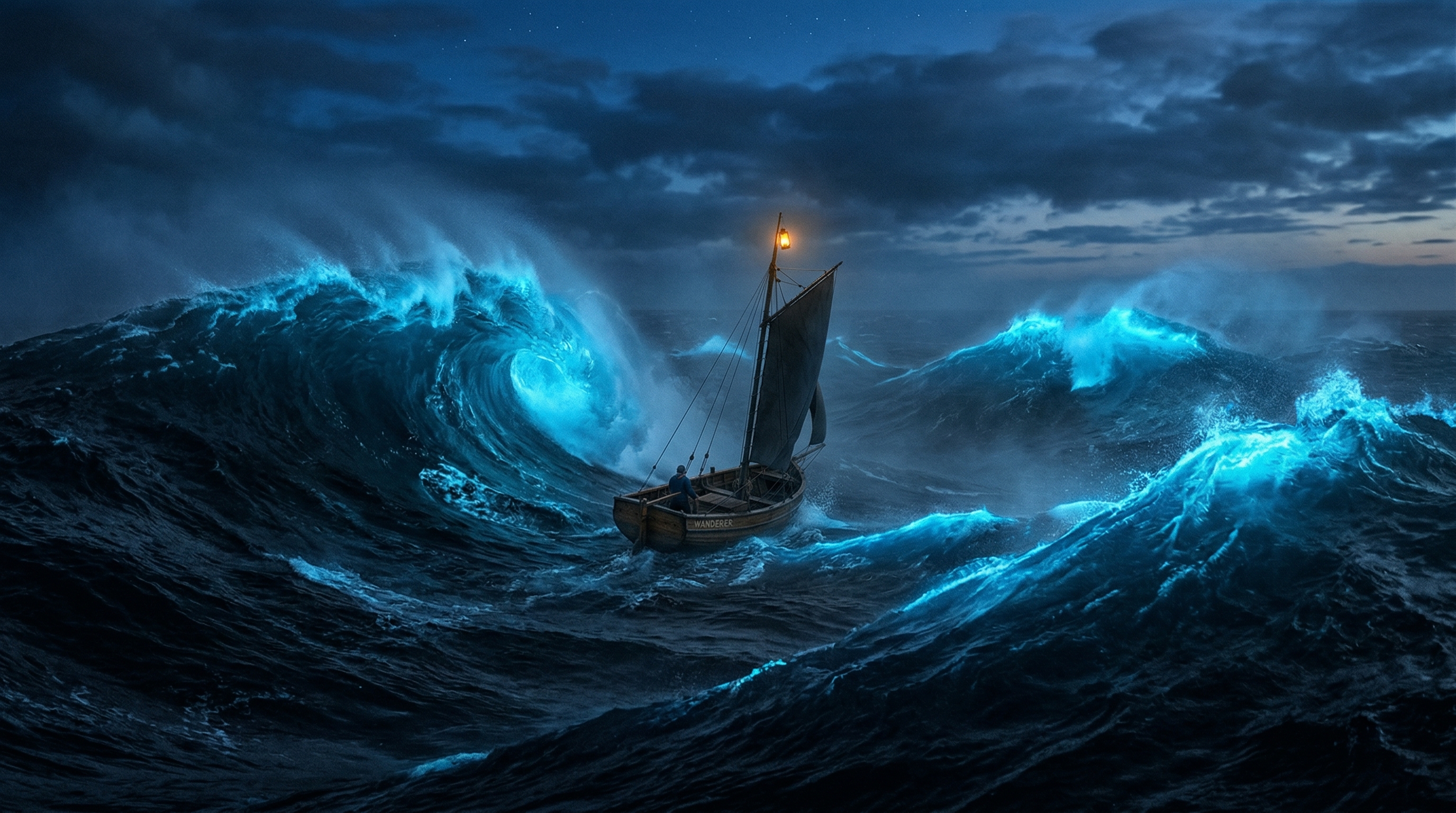 A wooden ship navigating massive ocean waves at night