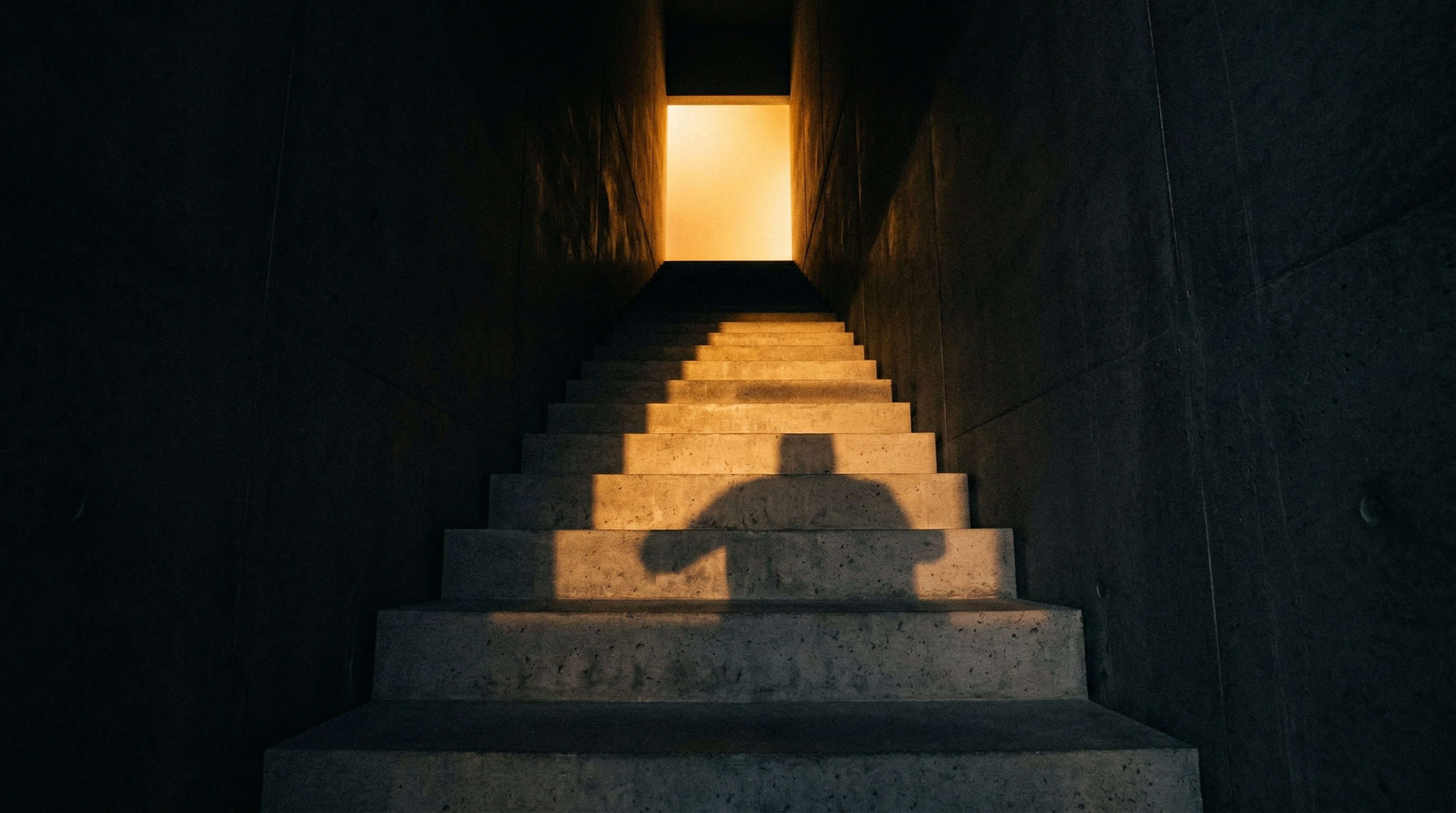 Concrete staircase ascending into warm light