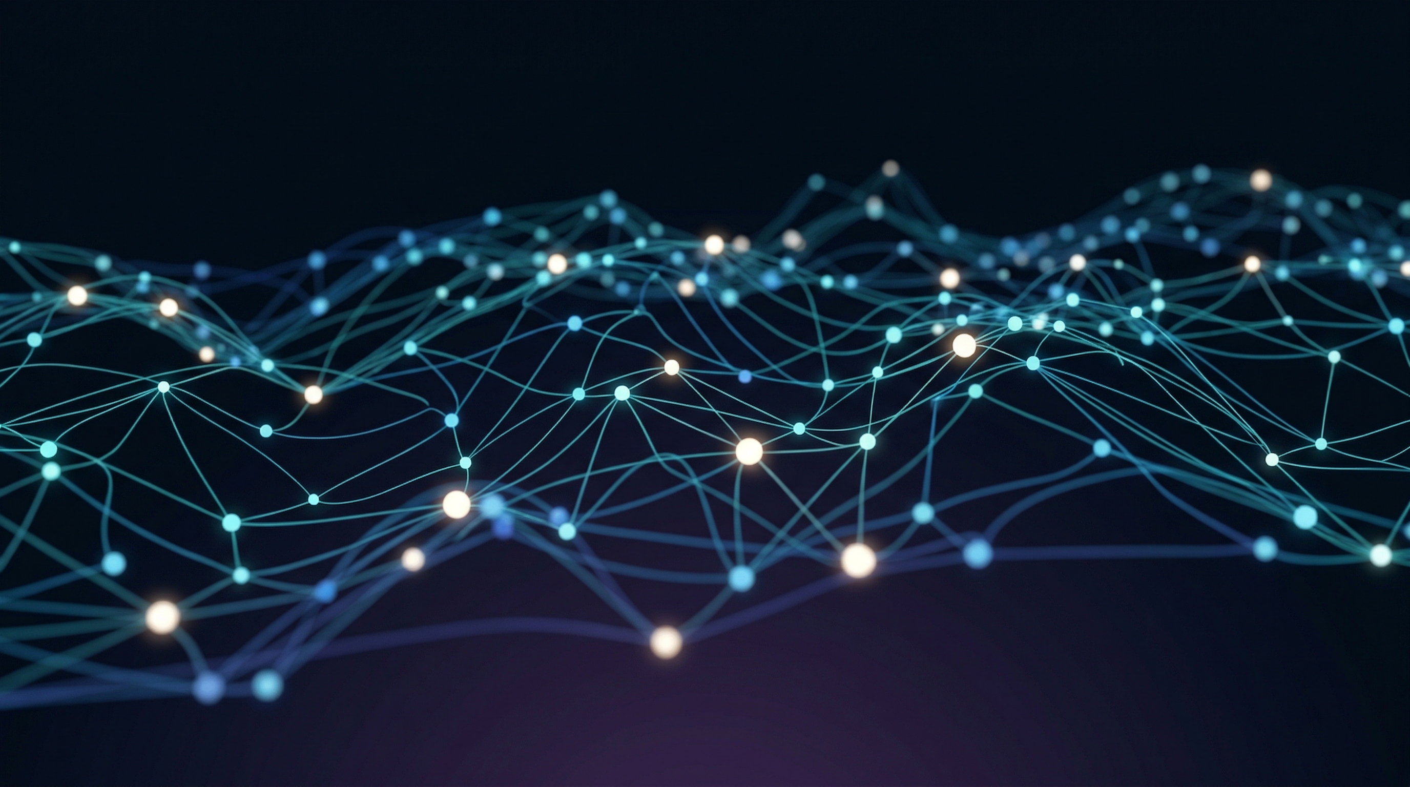 Abstract network of glowing nodes and data pathways